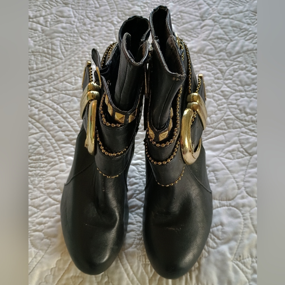 Shirkh Strappy Black High Heeled Ankle Boots W/ Gold Buckles & Rivets